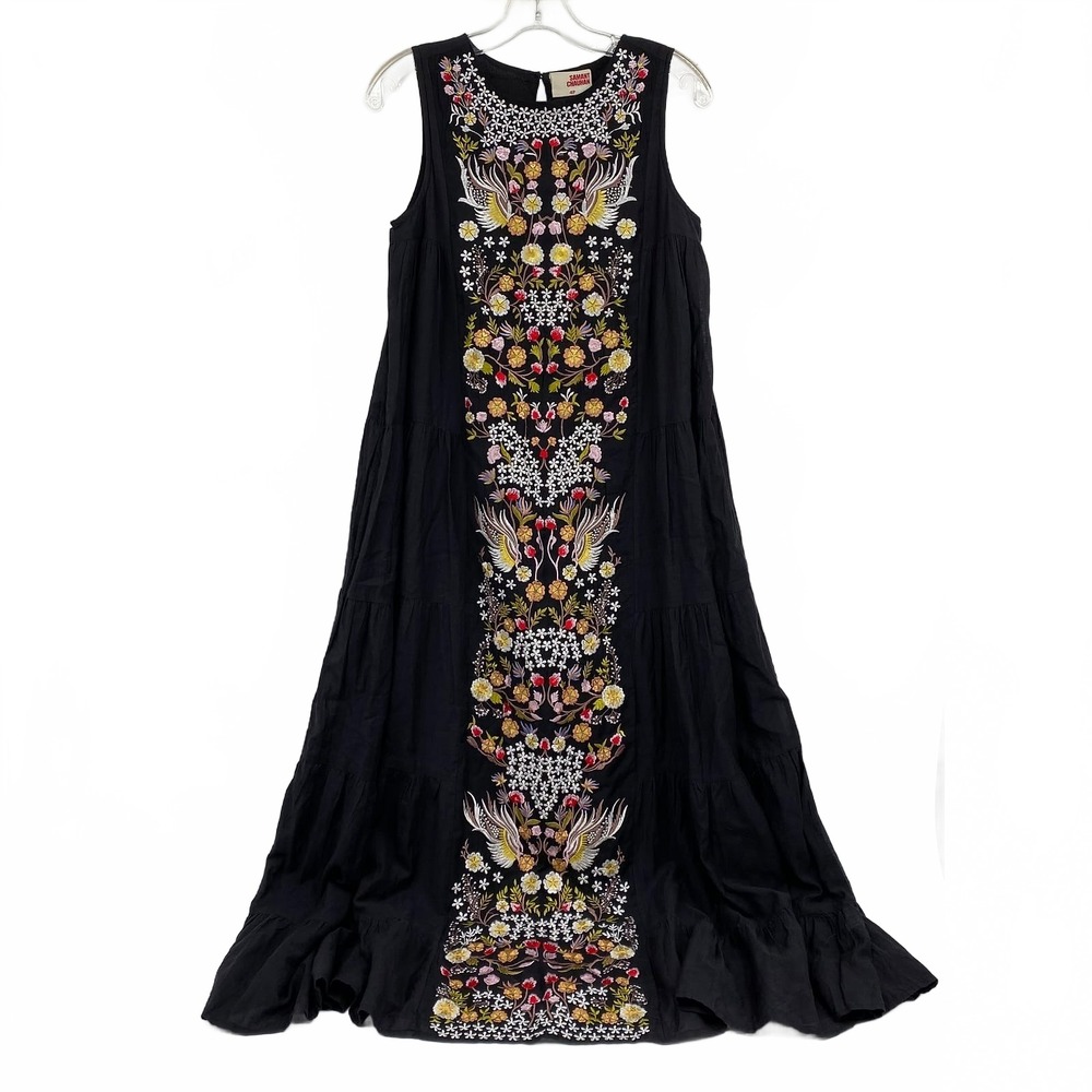 Samant Chauhan Black Embroidered Floral Bird Maxi Dress | Regular Size 4